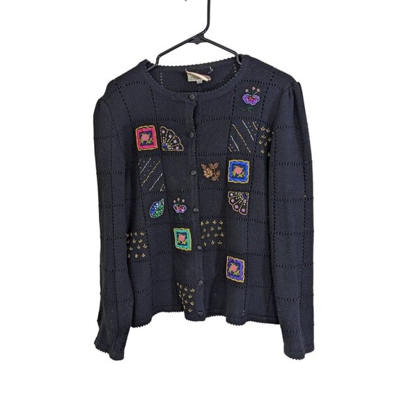 Vintage Susan Bristol Black Cardigan Sweater Size Large Hand Embroidered Beaded - Picture 1 of 5
